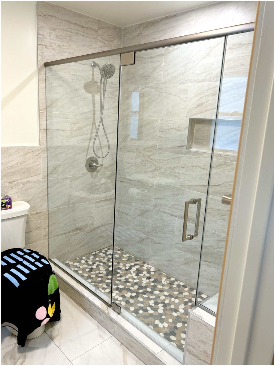 Semi-frameless shower slider with pebble floor — Shelf, Newburgh NY